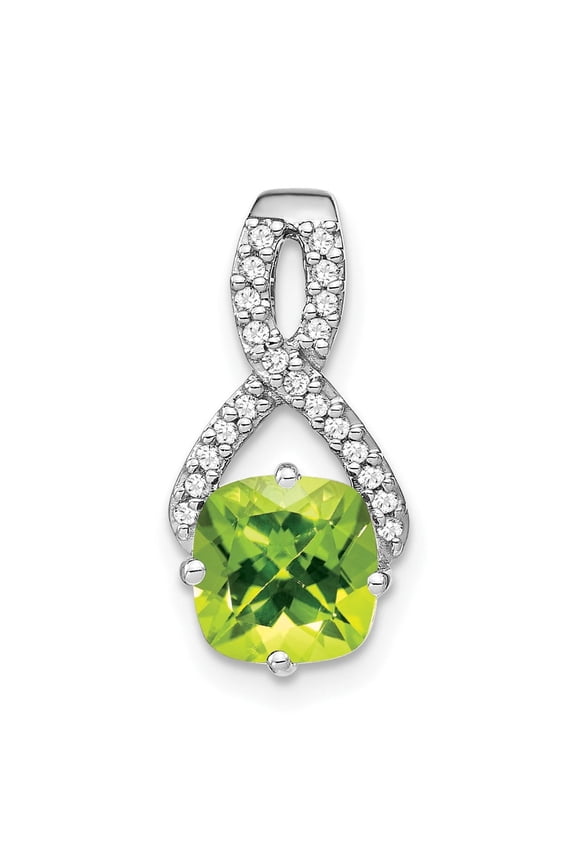 14k White Gold Infinity Pendant Necklace for Women with Cushion Cut Peridot, Diamond Accents, Symbolic Eternity Design, Elegant Birthstone Jewelry, Green Gemstone Accessory