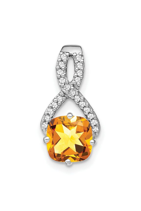 14k White Gold Infinity Pendant Necklace for Women with Pav Gemstones and Cushion Citrine, Symbolic Jewelry for Eternal Love, Elegant Style for Everyday Wear or Special Events
