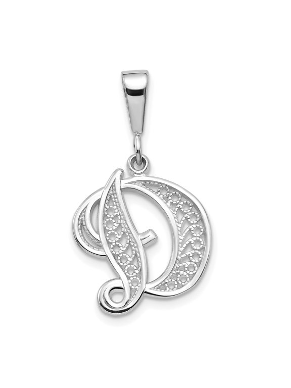 14k White Gold Initial D Pendant for Women, Script Monogram Necklace with Intricate Filigree Design, Elegant Alphabet Jewelry Symbolizing Identity and Style