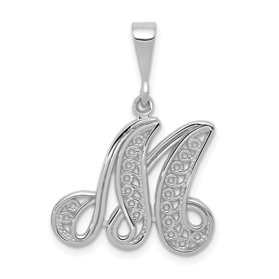 14k White Gold Initial M Filigree Script Letter Pendant Charm, Personalized Monogram