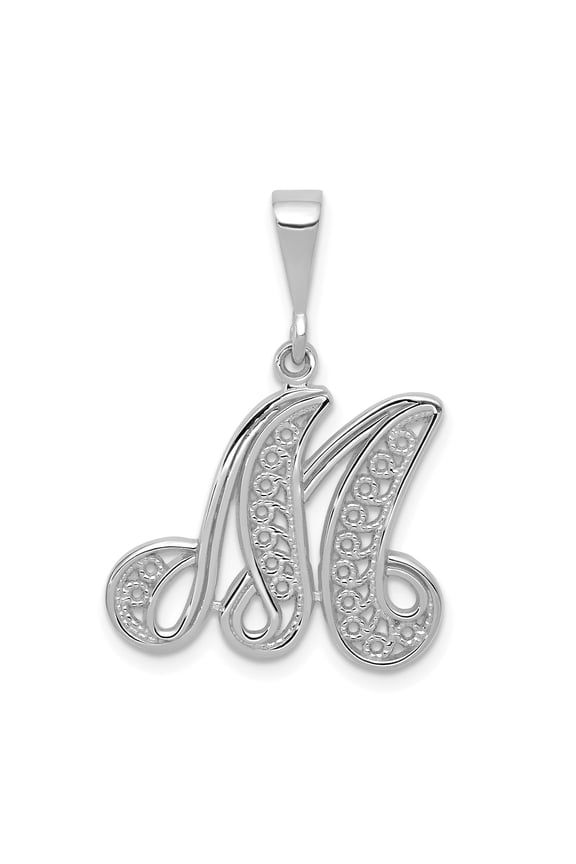 14k White Gold Initial M Filigree Script Letter Pendant Charm, Personalized Monogram