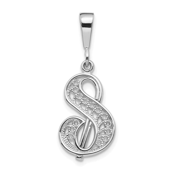 14k White Gold Initial Pendant Letter S Necklace for Women or Unisex with Filigree Scrollwork, Script Monogram Charm, Dainty Personalized Alphabet Jewelry