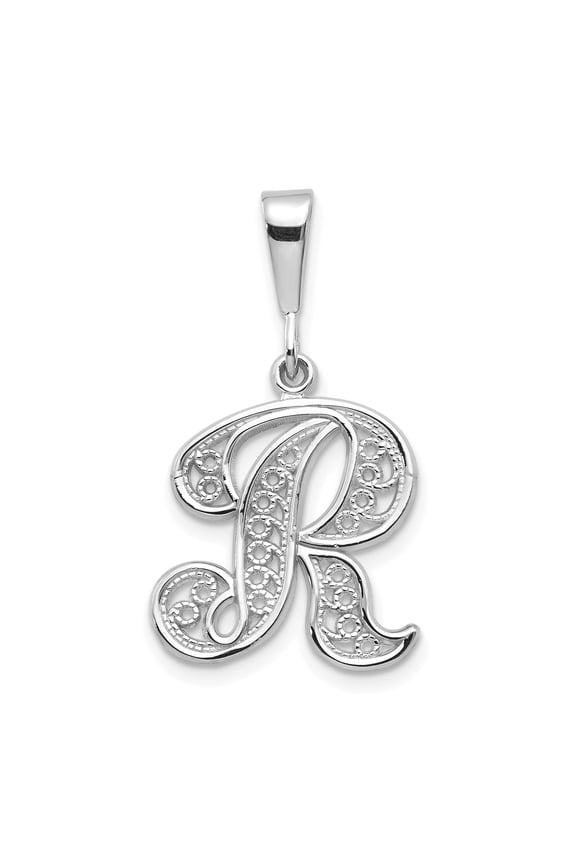 14k White Gold Initial R Pendant Necklace for Women with Filigree Detailing, Personalized Monogram Jewelry Charm, Fine Dainty Letter Accessory