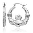 thumbnail image 1 of 14K Solid White Gold Heart Irish Claddagh Celtic Medium Hoop Earrings Jewelry, 1 of 10