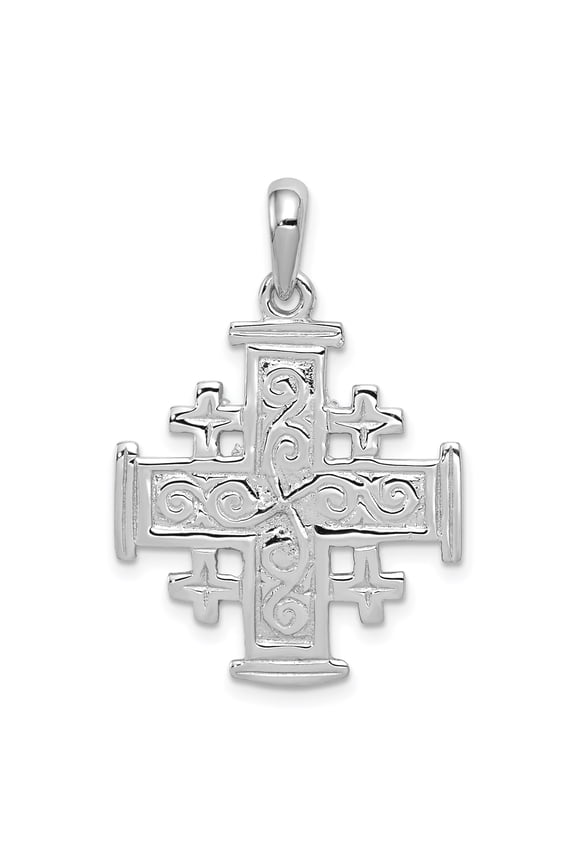 14k White Gold Jerusalem Cross Pendant Charm with Scrollwork, Christian Religious Jewelry