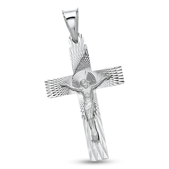 14k White Gold Jesus Crucifix Charm Christ Cross Pendant Diamond Cut Religious Solid 27 x 18 mm