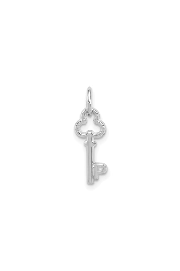 14k White Gold Letter P Initial Vintage Skeleton Key Pendant Charm, Polished Monogram