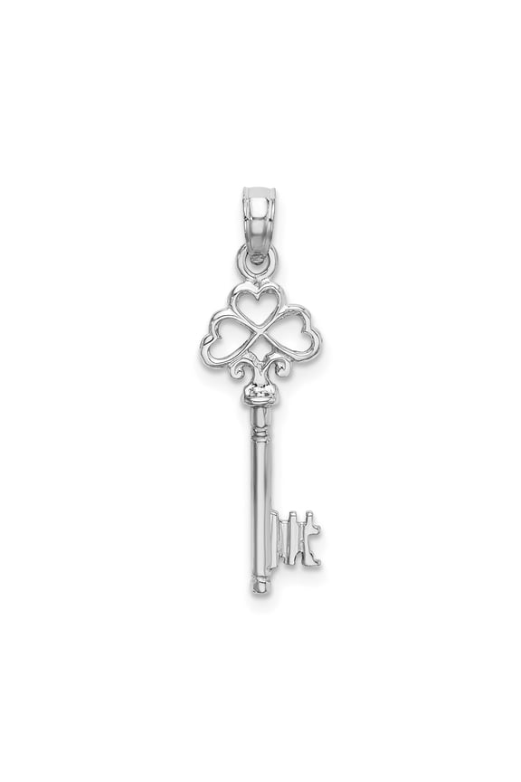 14k White Gold Key Pendant Necklace with Heart Clover Design, Celtic Irish Symbol of Love Luck and Faith, Elegant Spiritual Jewelry for Women