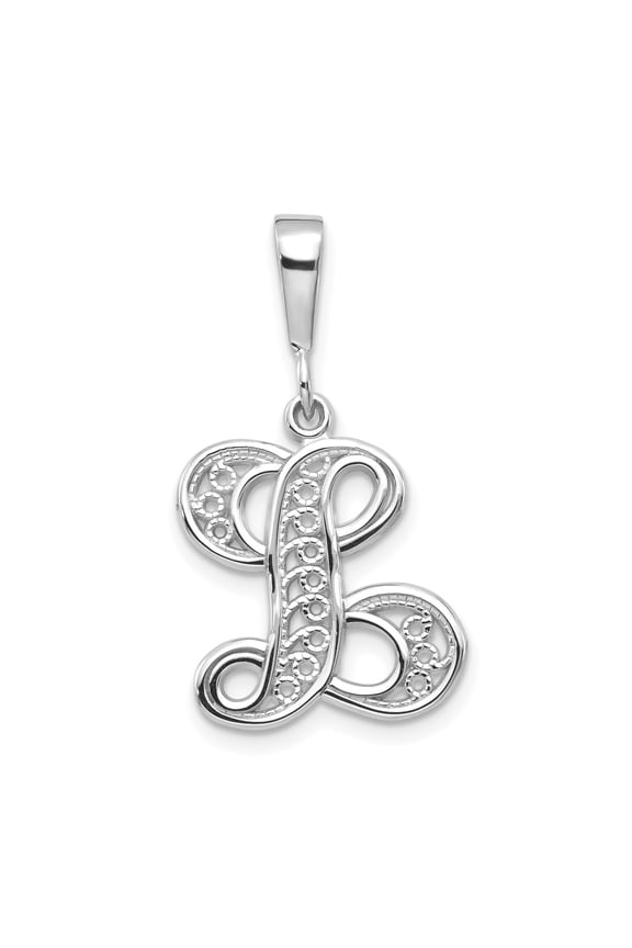 14k White Gold L Initial Pendant for Women, Filigree Scroll Letter Charm, Elegant Monogram Necklace, Solid Alphabet Jewelry, Minimalist Script Design for Everyday Wear