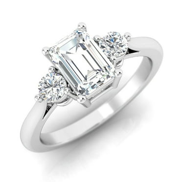 14k White Gold Lab Grown Diamond 3 Stone Engagement Ring Fancy Emerald Cut Round (1 1/4 Cttw, F-G Color,VS-SI Clarity)