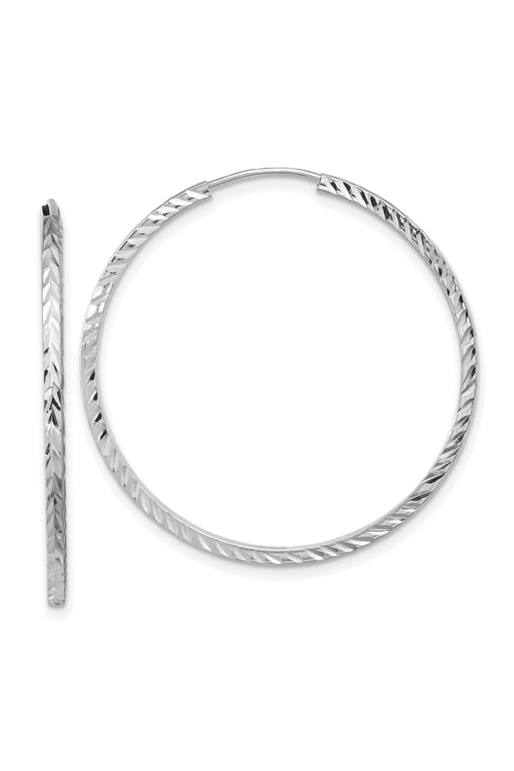 14k White Gold Diamond-Cut Chevron Hoop Earrings, 35mm Polished Round Hoops for Women