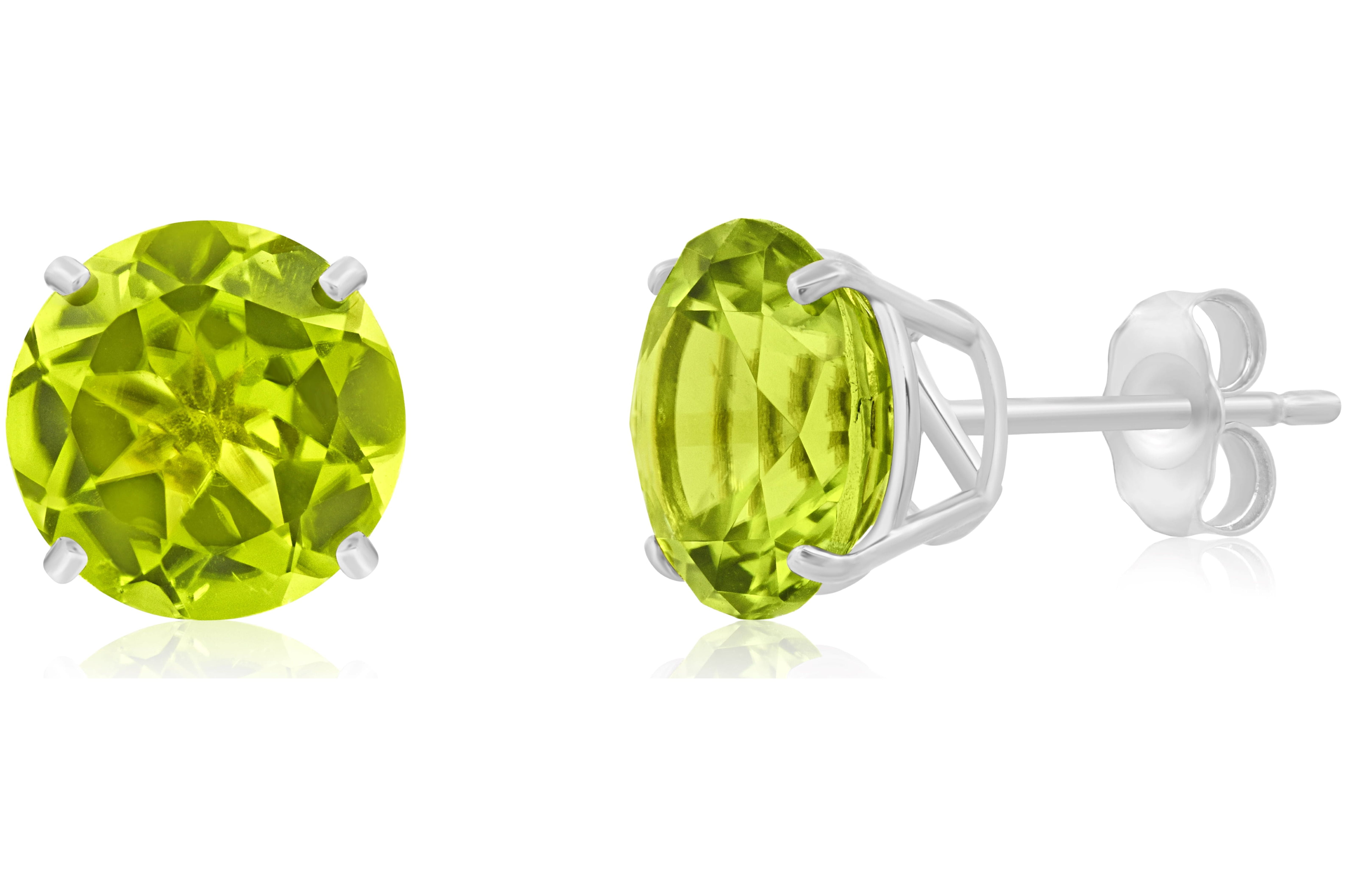 14k White Gold Large Natural Green Peridot Round Stud Earrings for