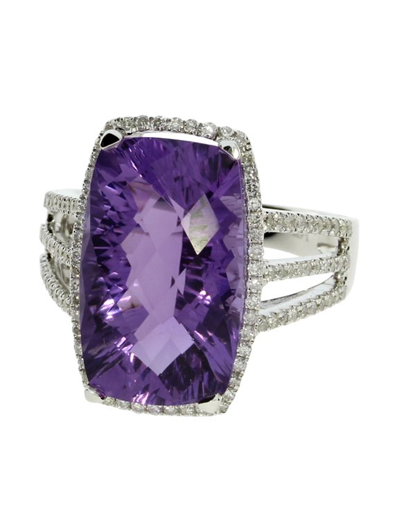 14k White Gold Large Rectangle Cushion Amethyst and Diamond Ring