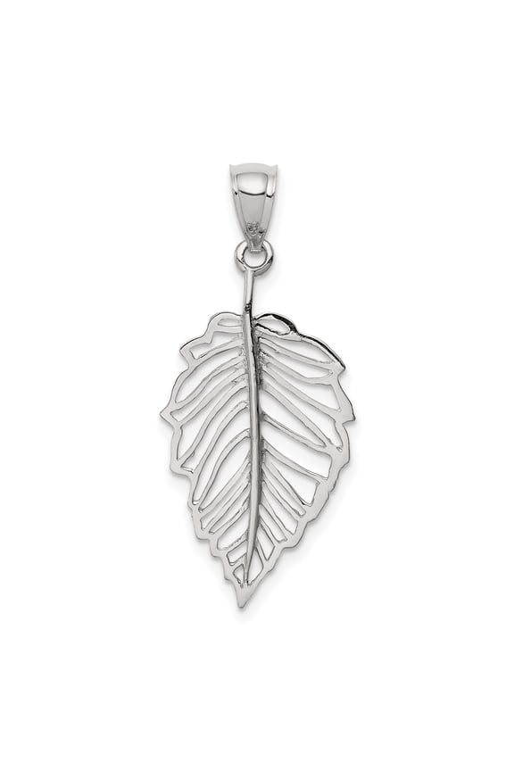 14k White Gold Openwork Leaf Pendant Charm, Polished Botanical Jewelry for Women