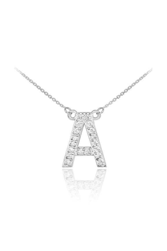 14k White Gold Letter "A" Diamond Initial Monogram Necklace : 18"