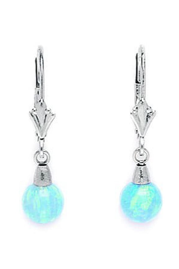 14k White Gold Light Blue 8x8mm Simulated Opal Ball Drop Leverback Earrings - Measures 26x6mm