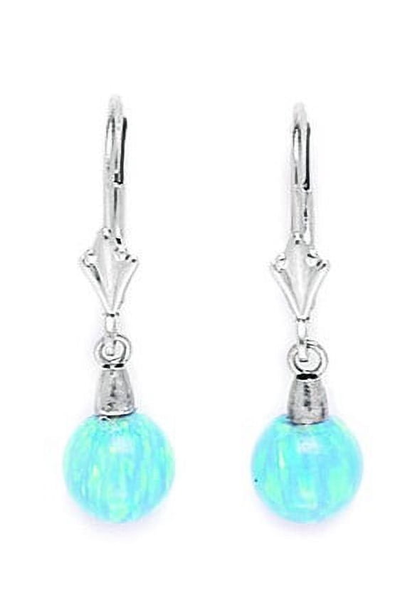14k White Gold Light Blue 8x8mm Simulated Opal Ball Drop Leverback Earrings - Measures 27x8mm