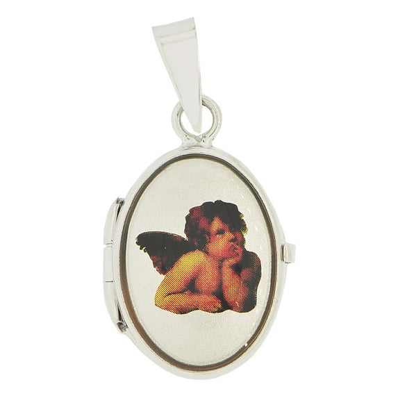 14k White Gold, Locket Pendant Charm Angel Image for Photos Oval Shape 17mm with 16" Dainty Neck Chain