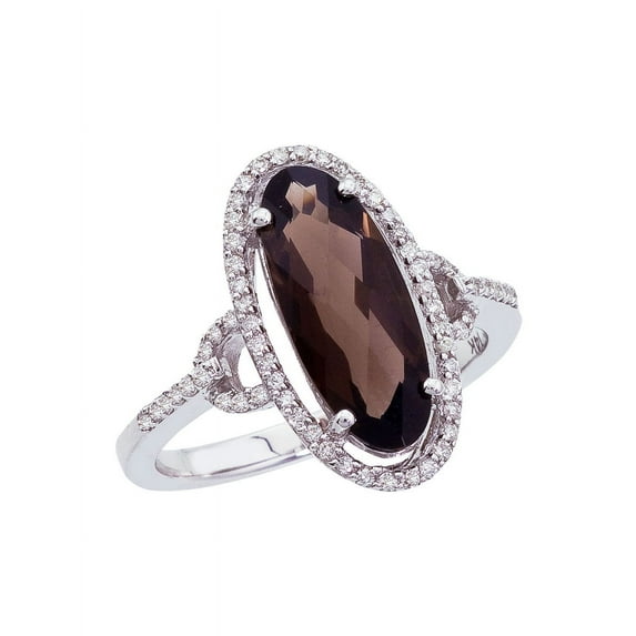 14k White Gold Long Oval Smokey Topaz And Diamond Ring