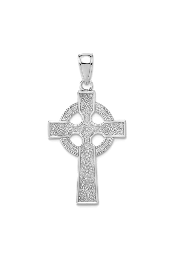 14k White Gold Lrg Irish Claddagh Celtic Trinity Knot Religious Faith Cross With Eternity Circle and Design Texture (1 3