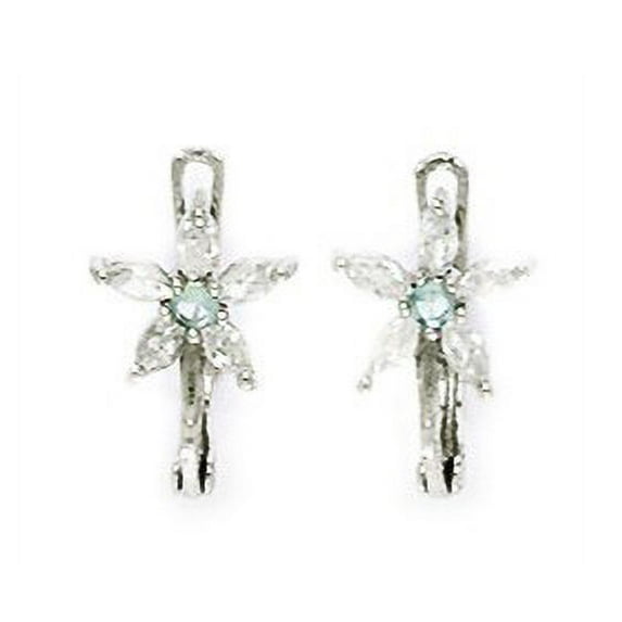 14k White Gold March Lt-Blue 1.5mm CZ Flower Leverback Earrings - Measures 12x7mm