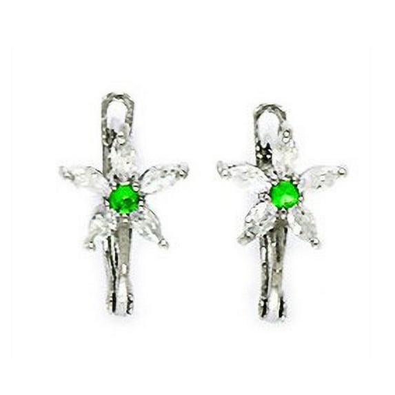 14k White Gold May Green 1.5mm Cubic Zirconia Flower Leverback Earrings - Measures 12x7mm