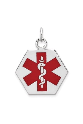 14k White Gold Medical Alert Pendant for Men and Women, Hexagon Emergency ID Charm with Red Star of Life Symbol, Medical Awareness Necklace for Health and Safety