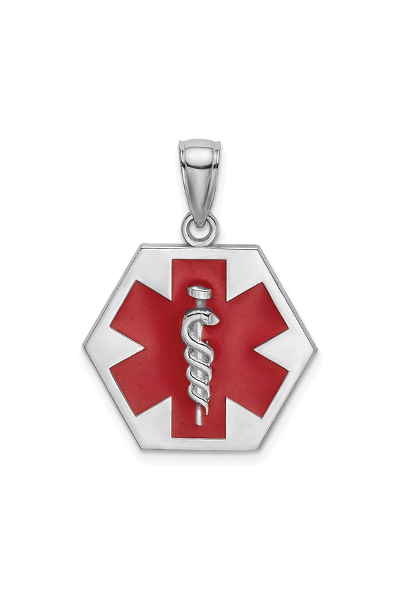 14k White Gold Medical Alert Pendant for Men or Women, Red Star of Life Caduceus Symbol, Emergency ID Necklace, Engravable Safety Jewelry, Allergy Medallion for Health Awareness