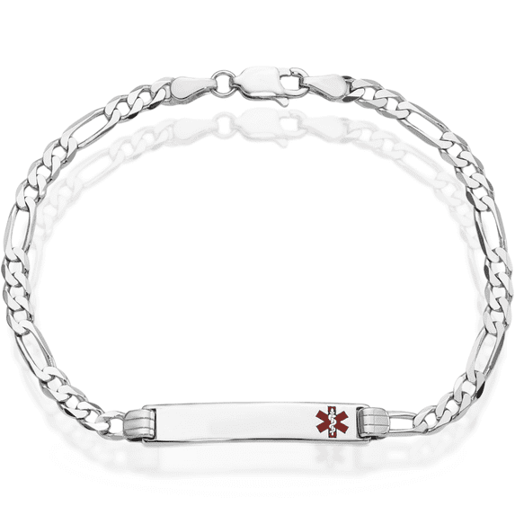 14K Solid White Gold Medical Alert Figaro Link Name Bar Identification ID Bracelet