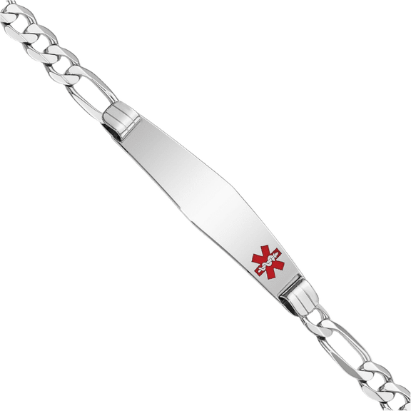 14K Solid White Gold Medical Alert Figaro Link Name Bar Identification ID Bracelet