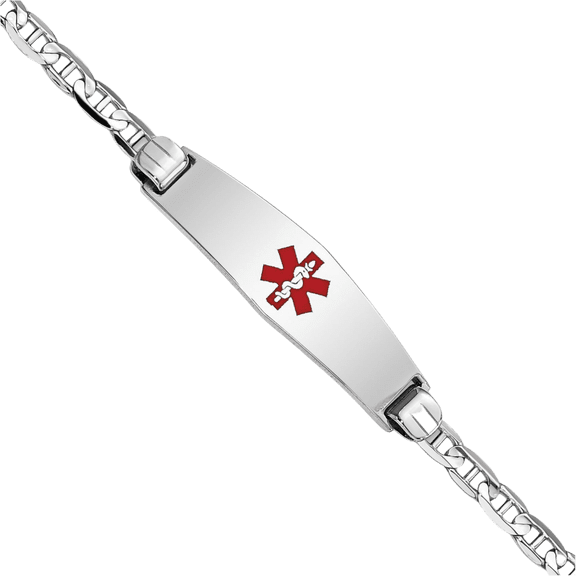 14K Solid White Gold Medical Alert Anchor Mariner Link Name Bar Identification ID Bracelet