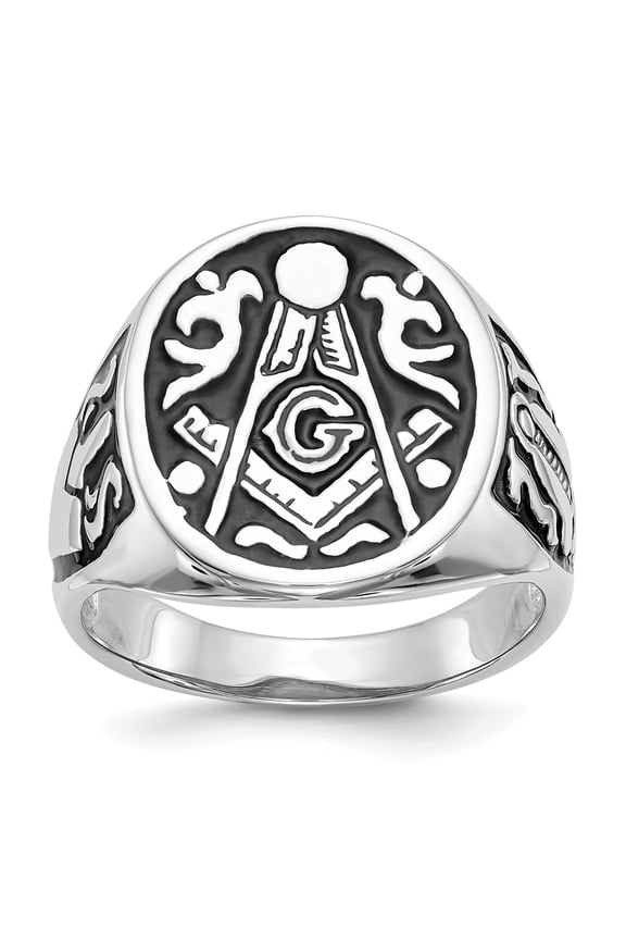 IB Goodman 14k White Gold Mens Polished and Grooved with Black Enamel Masonic Ring Y4042M