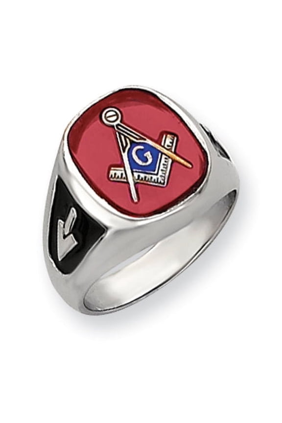 14k White Gold Men's Synthetic Ruby Masonic Ring