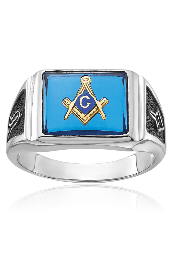 14K Solid White Gold Mens Black Blue Spinel Master Mason Signet Freemason Masonic Ring