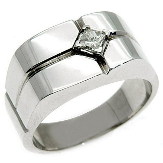 14k White Gold Mens Solitaire Princess Cut (Square) Diamond Ring .27 Carats