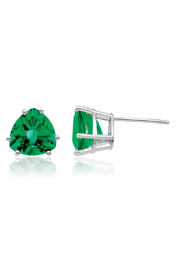 14K Solid White Gold 4 carat Green Mount St. Helens Large Helenite Stud Earrings - 9mm 3/8 inch - Trillion Cut, Simulated, Butterfly Back Women's