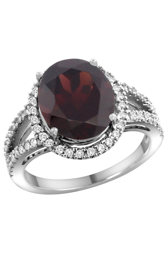 14k White Gold Natural Garnet Ring Oval 12x10mm Diamond Accents, size 10