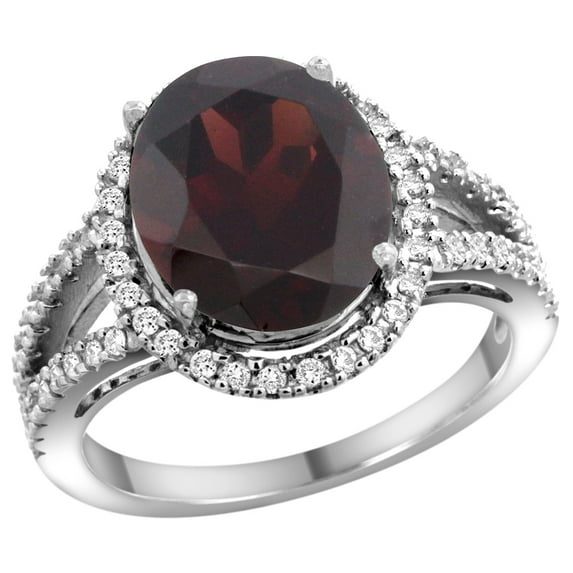 14k White Gold Natural Garnet Ring Oval 12x10mm Diamond Accents, size 7