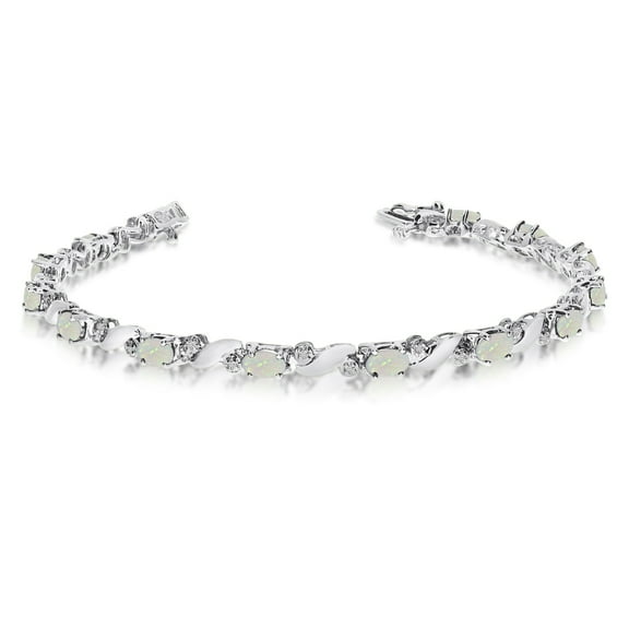 14k White Gold Natural Opal And Diamond Tennis Bracelet