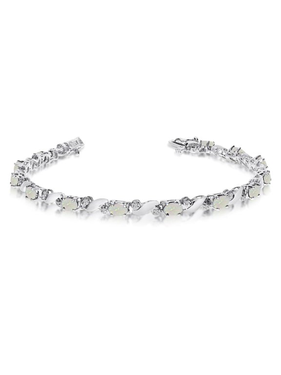 14k White Gold Natural Opal And Diamond Tennis Bracelet