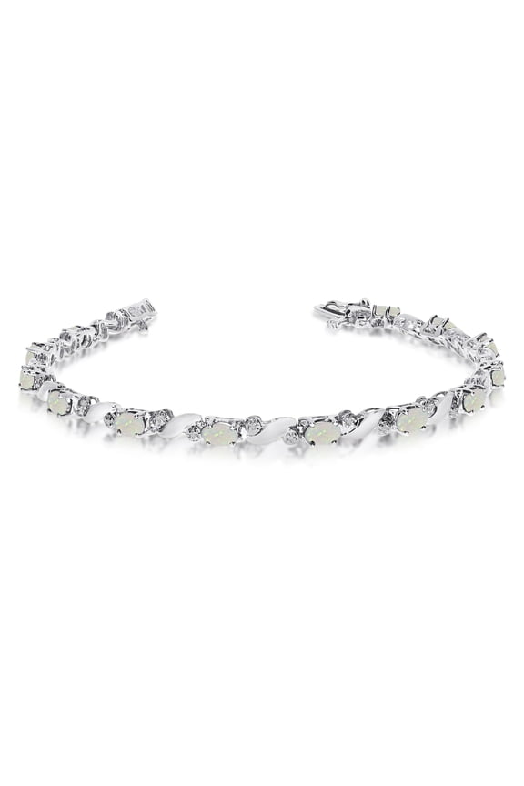 14k White Gold Natural Opal And Diamond Tennis Bracelet