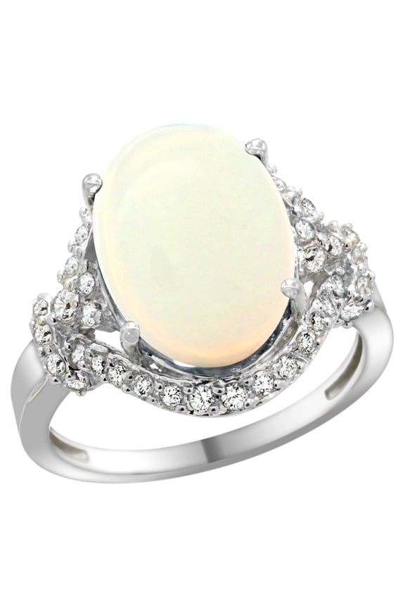 14k White Gold Natural Opal Ring Diamond Halo Oval 14x10mm, 3/4 inch wide, size 8