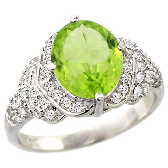 14k White Gold Natural Peridot Ring Diamond Halo Oval 10x8mm, 1/2 inch wide, size 8