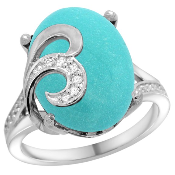 14k White Gold Natural Turquoise Ring 16x12 mm Oval Shape Diamond Accent, 5/8 inch wide, size 8.5