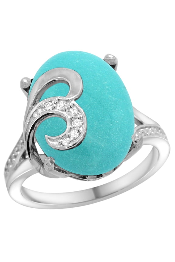 14k White Gold Natural Turquoise Ring 16x12 mm Oval Shape Diamond Accent, 5/8 inch wide, size 8.5