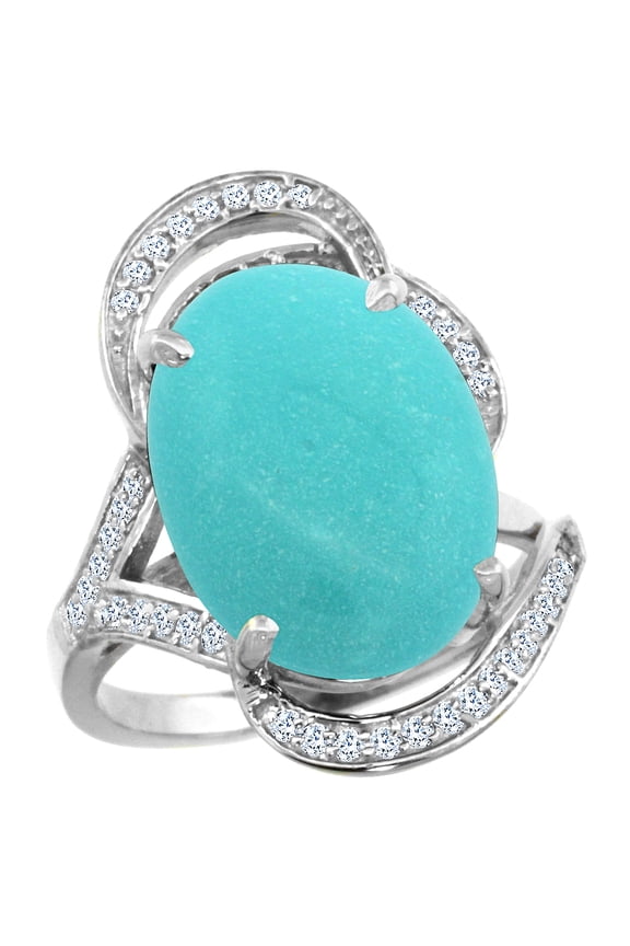 14k White Gold Natural Turquoise Ring Diamond Accent Oval 16x12mm, size 8