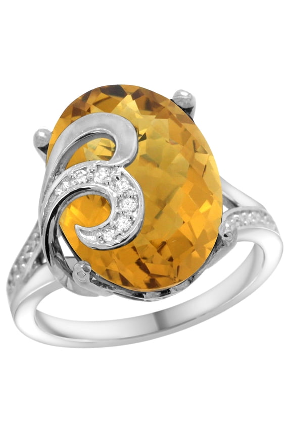 14k White Gold Natural Whisky Quartz Ring 16x12 mm Oval Shape Diamond Accent, 5/8 inch wide, size 9