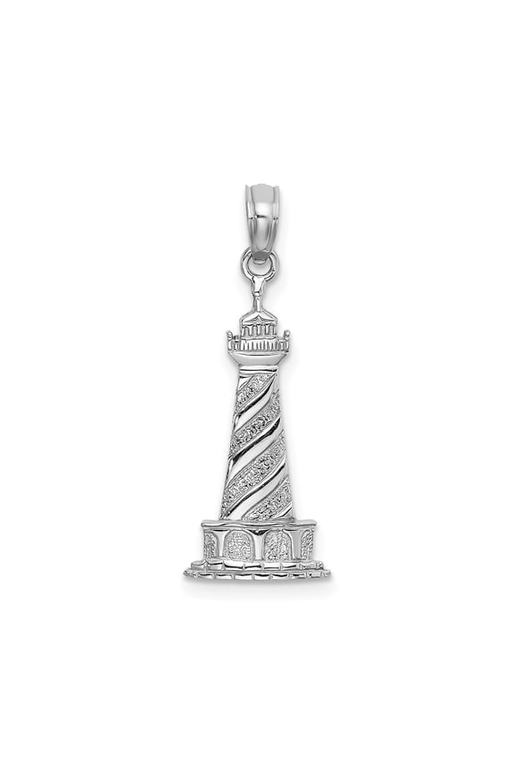 14k White Gold Nautical Lighthouse Pendant for Women or Unisex with Textured Spiral Design, Maritime Symbol of Hope and Safety, Coastal Ocean Style Jewelry Charm