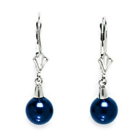 14k White Gold Night Blue 7x7mm Crystal Pearl Ball Earrings - Measures 27x7mm