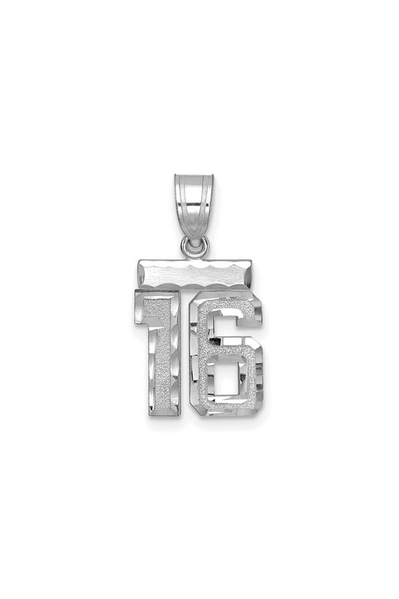 14k White Gold Number 16 Pendant Necklace for Women or Unisex Wear, Polished Textured Finish, Sweet Sixteen Milestone Jewelry, Real Gold Numeric Charm Keepsake